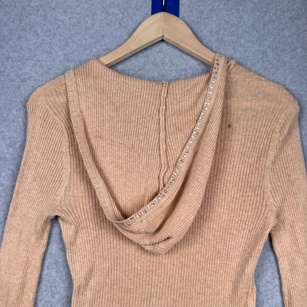 Vintage Y2K Aeropostale Hoodie Sweater Womens Medium Tan Sequin VNeck Cable Knit - Picture 6 of 11